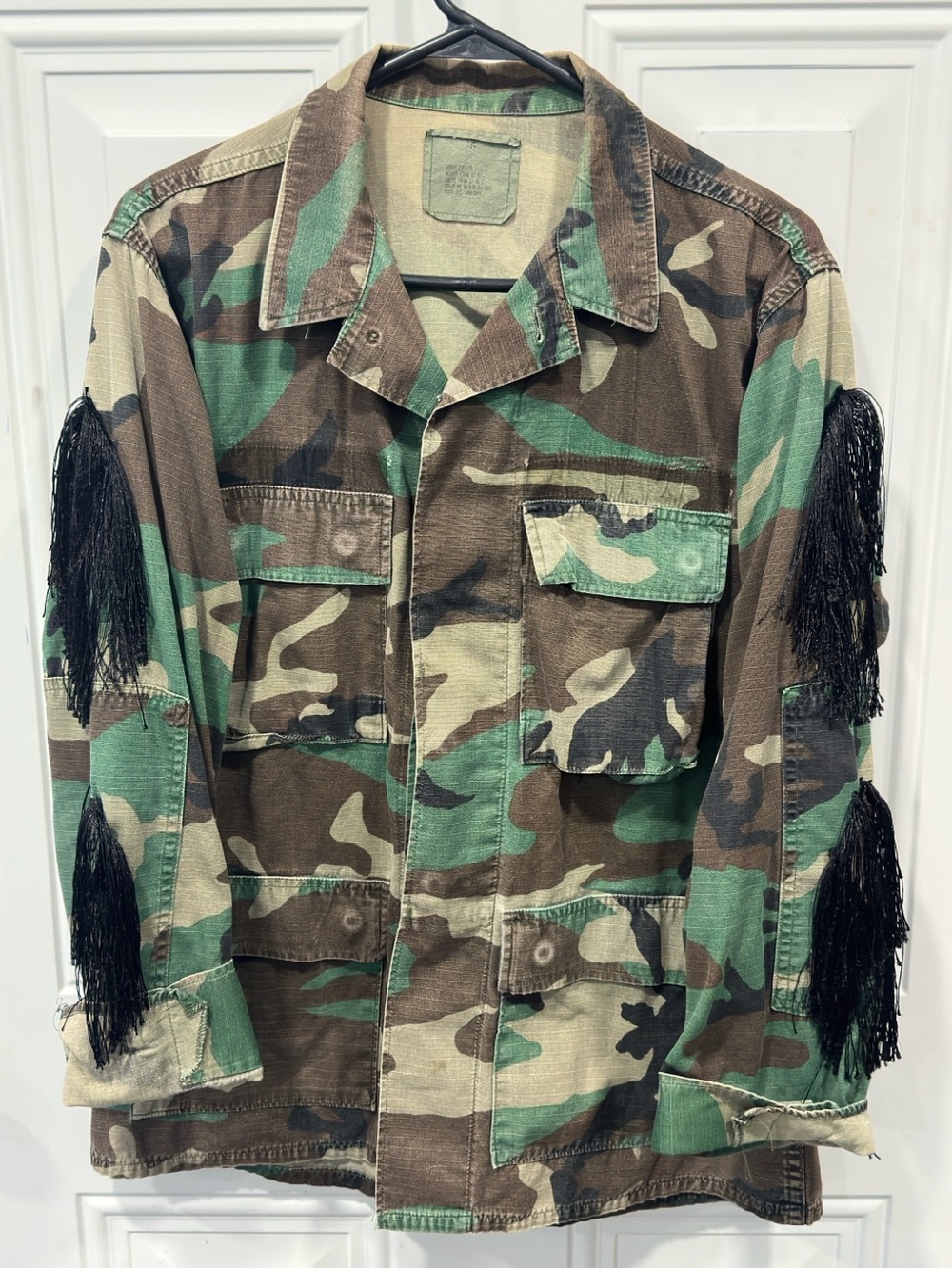 Upcycled Vintage Woodland Camo Jacket Black Fringe